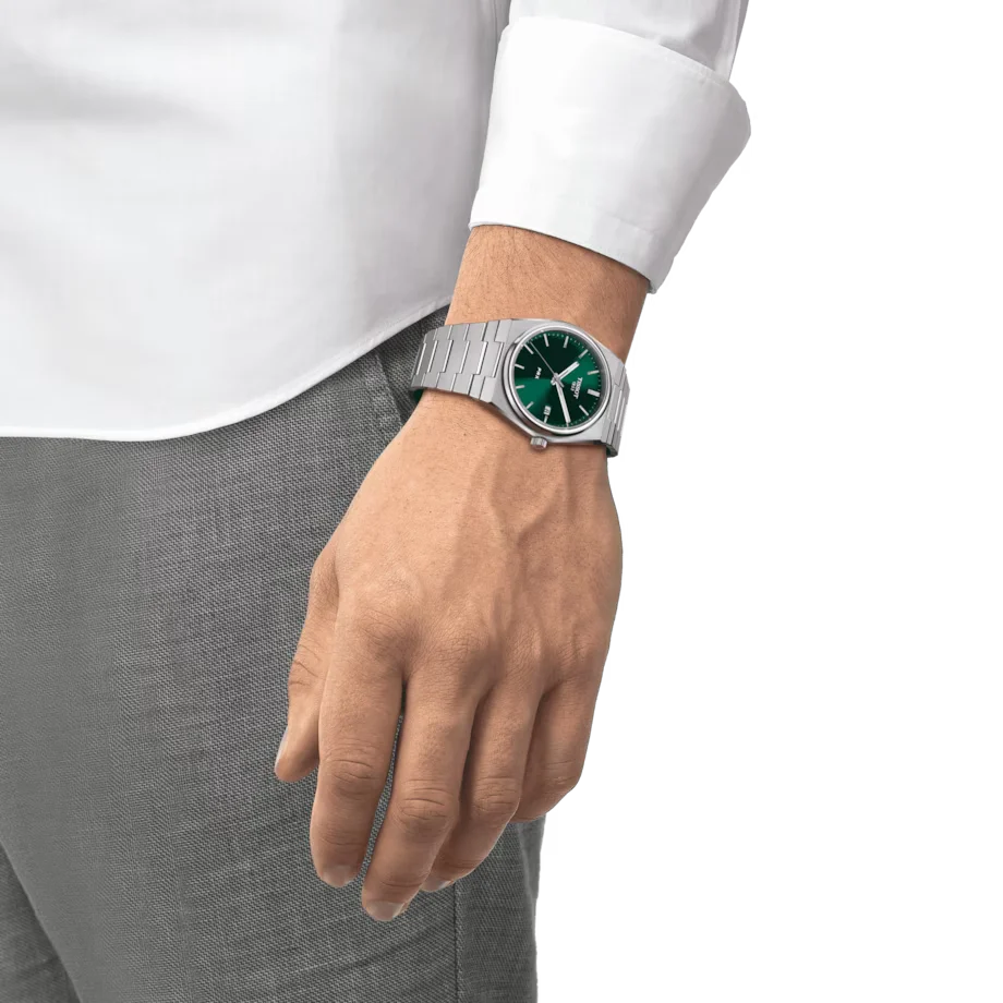 Tissot PRX Green PVD Dial in stainless steel case, date at 3 o'clock quartz watch on stainless steel bracelet. T137.410.11.091.00 - Lifestyle Image.