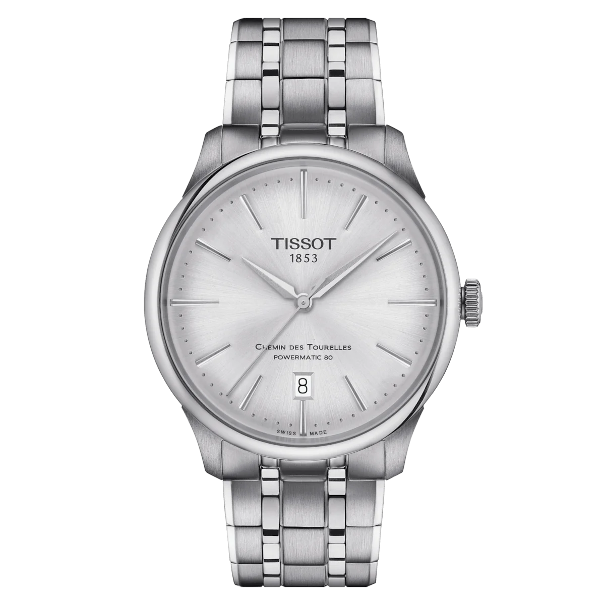 Tissot Chemin Des Tourelles Powermatic 80 Silver Dial Round Watch in stainless steel case. Date function at 6 o'clock position on stainless steel bracelet. T139.807.11.031.00 - Front Image