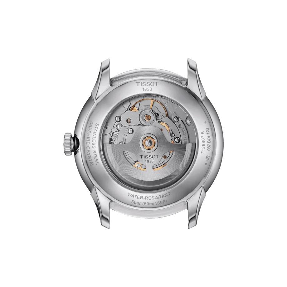 Tissot Chemin Des Tourelles Powermatic 80 Silver Dial Round Watch in stainless steel case. Date function at 6 o'clock position on stainless steel bracelet. T139.807.11.031.00 - Transparent Case Back.