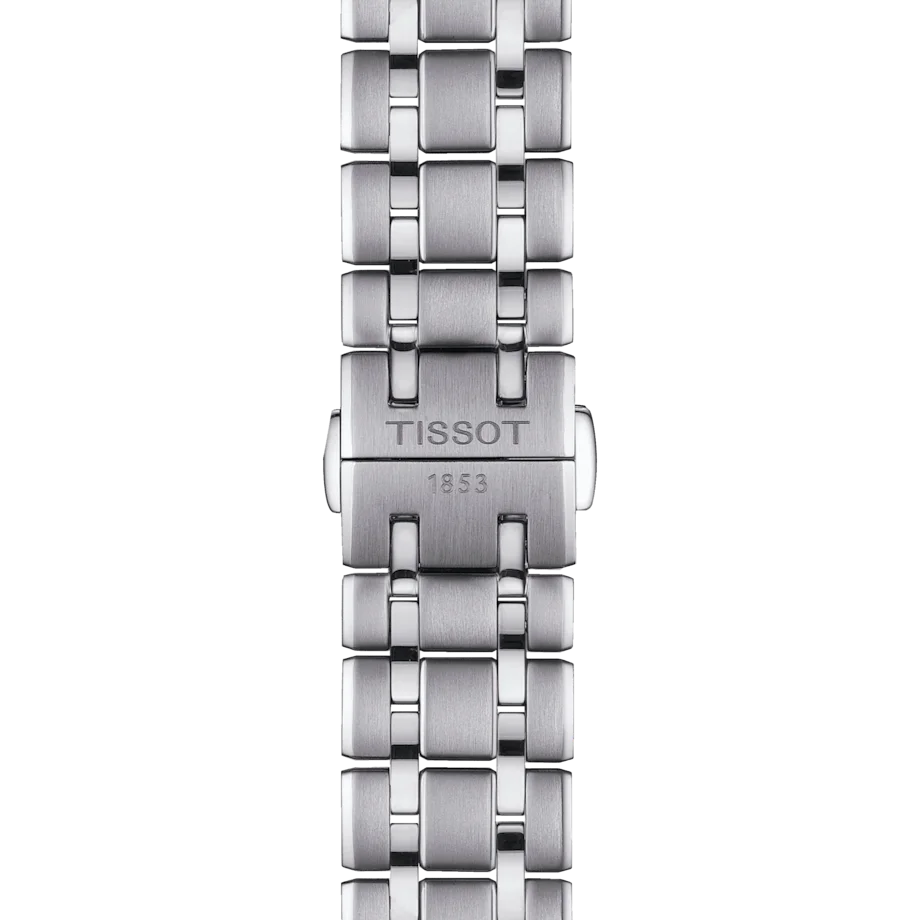 Tissot Chemin Des Tourelles Powermatic 80 Silver Dial Round Watch in stainless steel case. Date function at 6 o'clock position on stainless steel bracelet. T139.807.11.031.00 - Bracelet View.