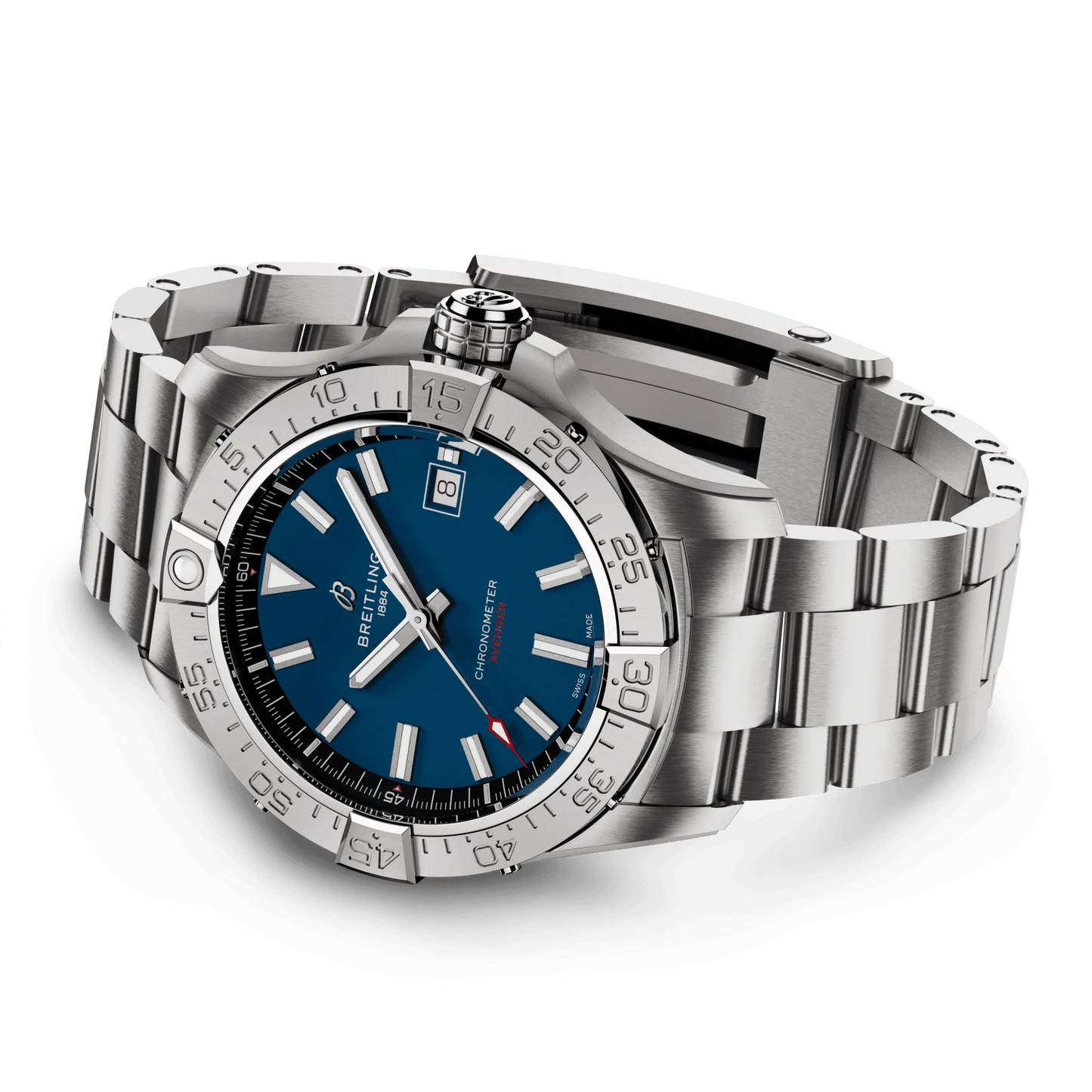 Avenger Automatic 42 Blue Dial on stainless steel bracelet with red tipped second hand.  Watch placed on side.
