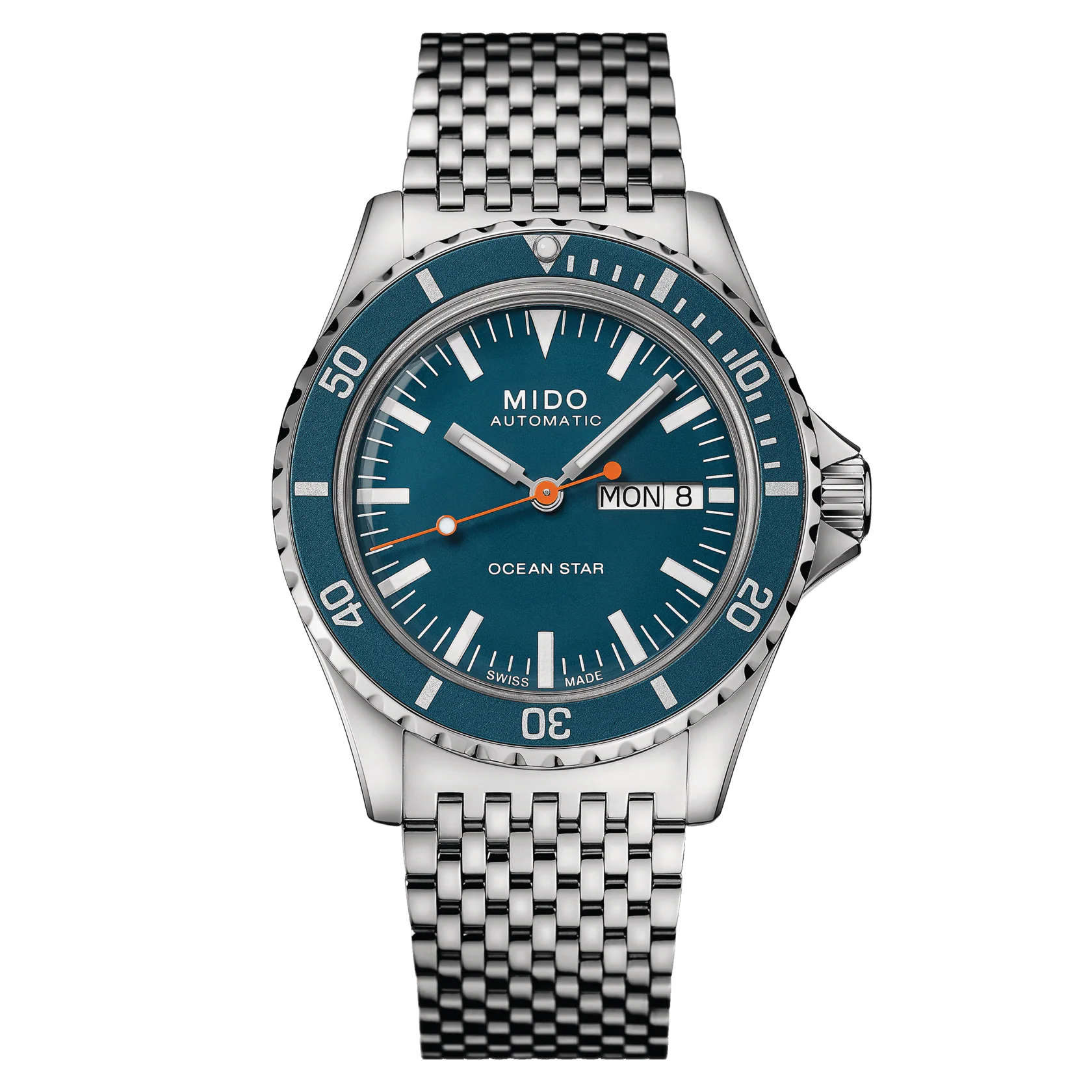 M026.830.11.041.00 Mido Blue Stainless Steel Diving Watch with Day Date Function and unidirectional turning bezel